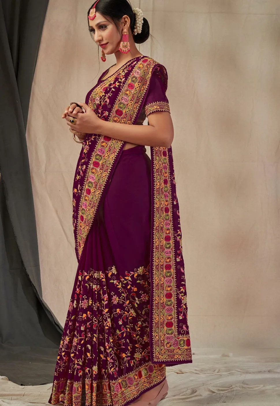 Embroidered Georgette Saree in Purple