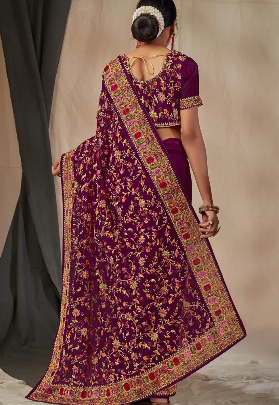 Embroidered Georgette Saree in Purple