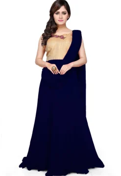 Embroidered Georgette Saree Style Gown in Navy Blue and Beige