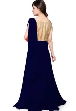 Embroidered Georgette Saree Style Gown in Navy Blue and Beige