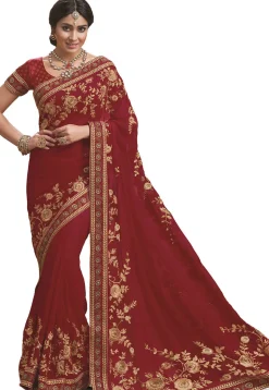 Embroidered Georgette Saree in Red