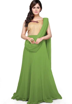 Embroidered Georgette Saree Style Gown in Green and Beige