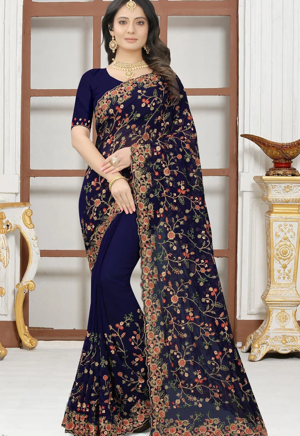Embroidered Georgette Saree in Navy Blue