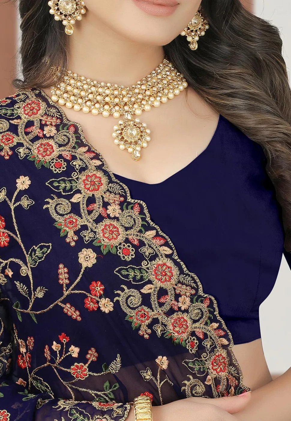 Embroidered Georgette Saree in Navy Blue