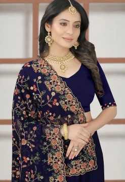 Embroidered Georgette Saree in Navy Blue