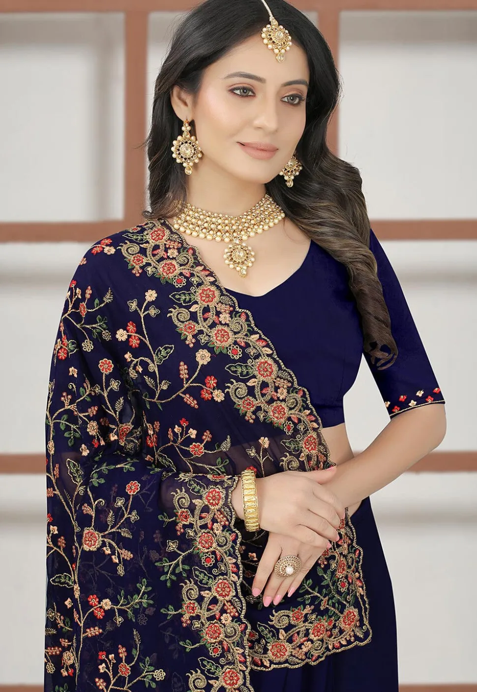 Embroidered Georgette Saree in Navy Blue