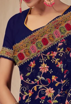 Embroidered Georgette Saree in Navy Blue
