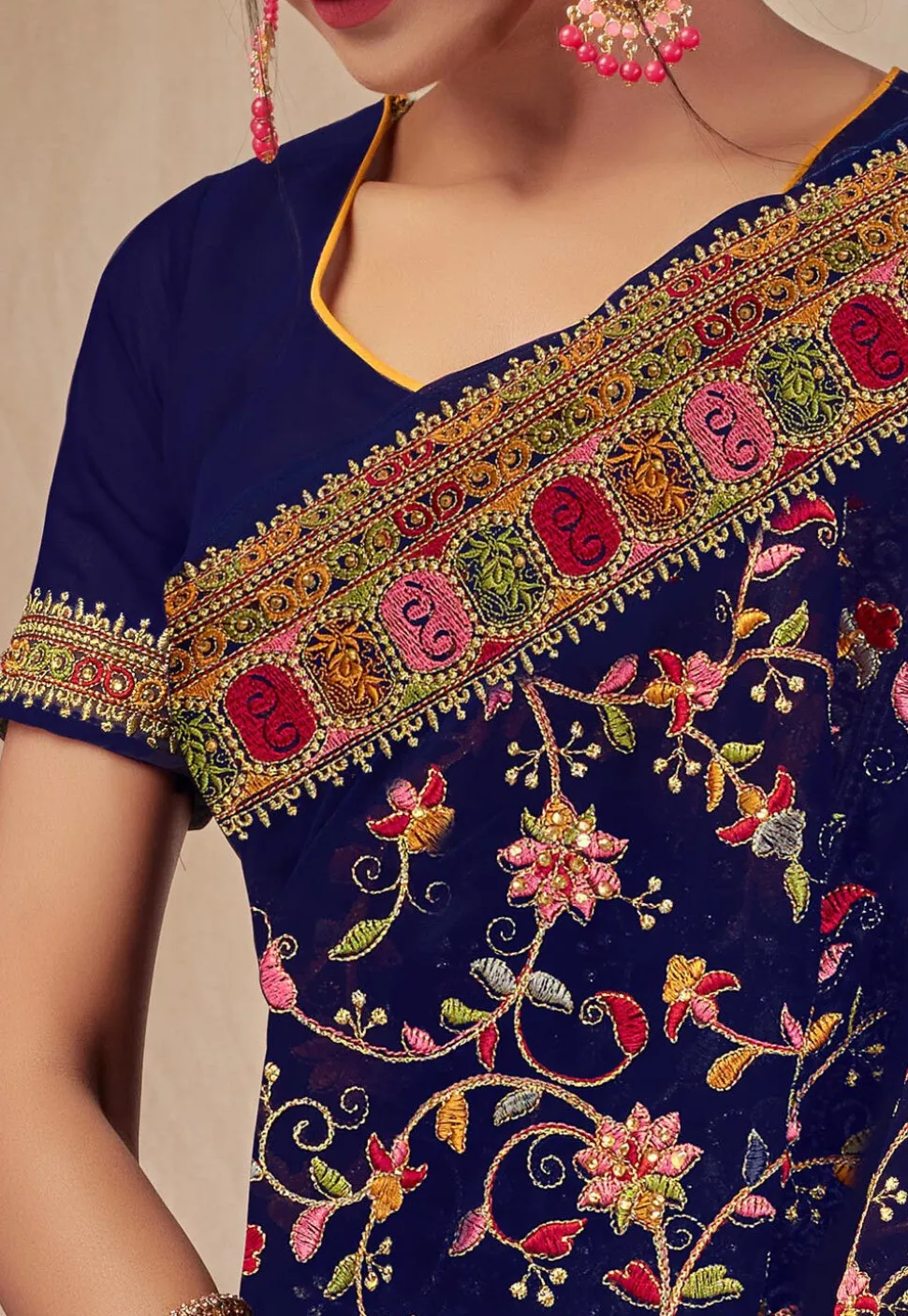 Embroidered Georgette Saree in Navy Blue