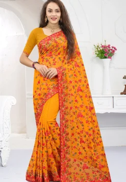 Embroidered Georgette Saree in Mustard
