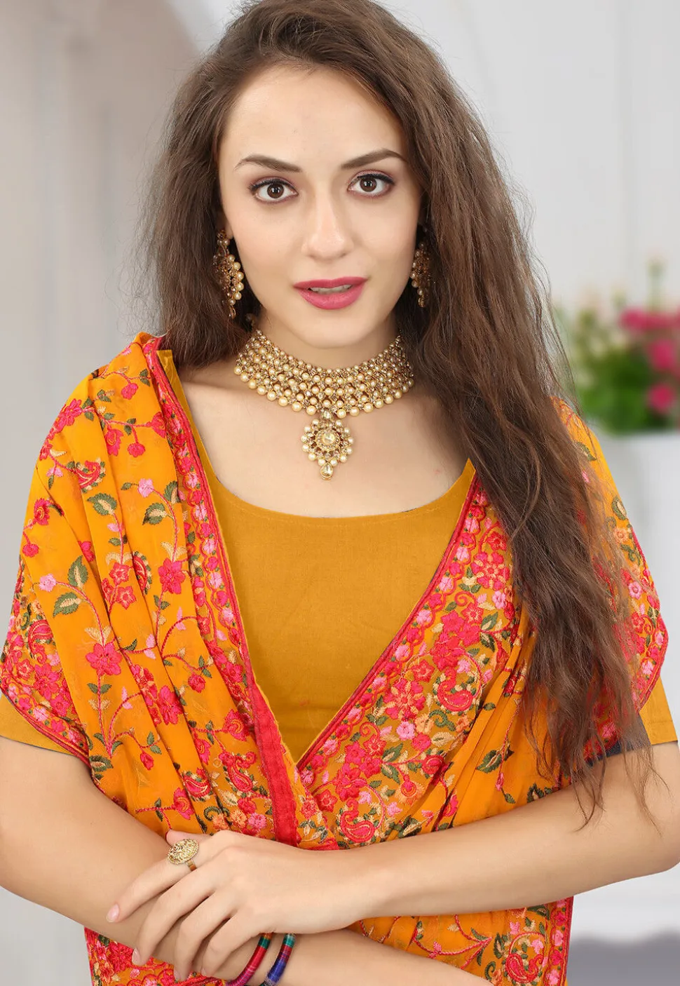 Embroidered Georgette Saree in Mustard