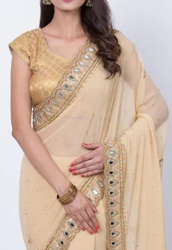 Embroidered Georgette Saree in Light Beige