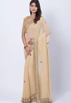 Embroidered Georgette Saree in Light Beige