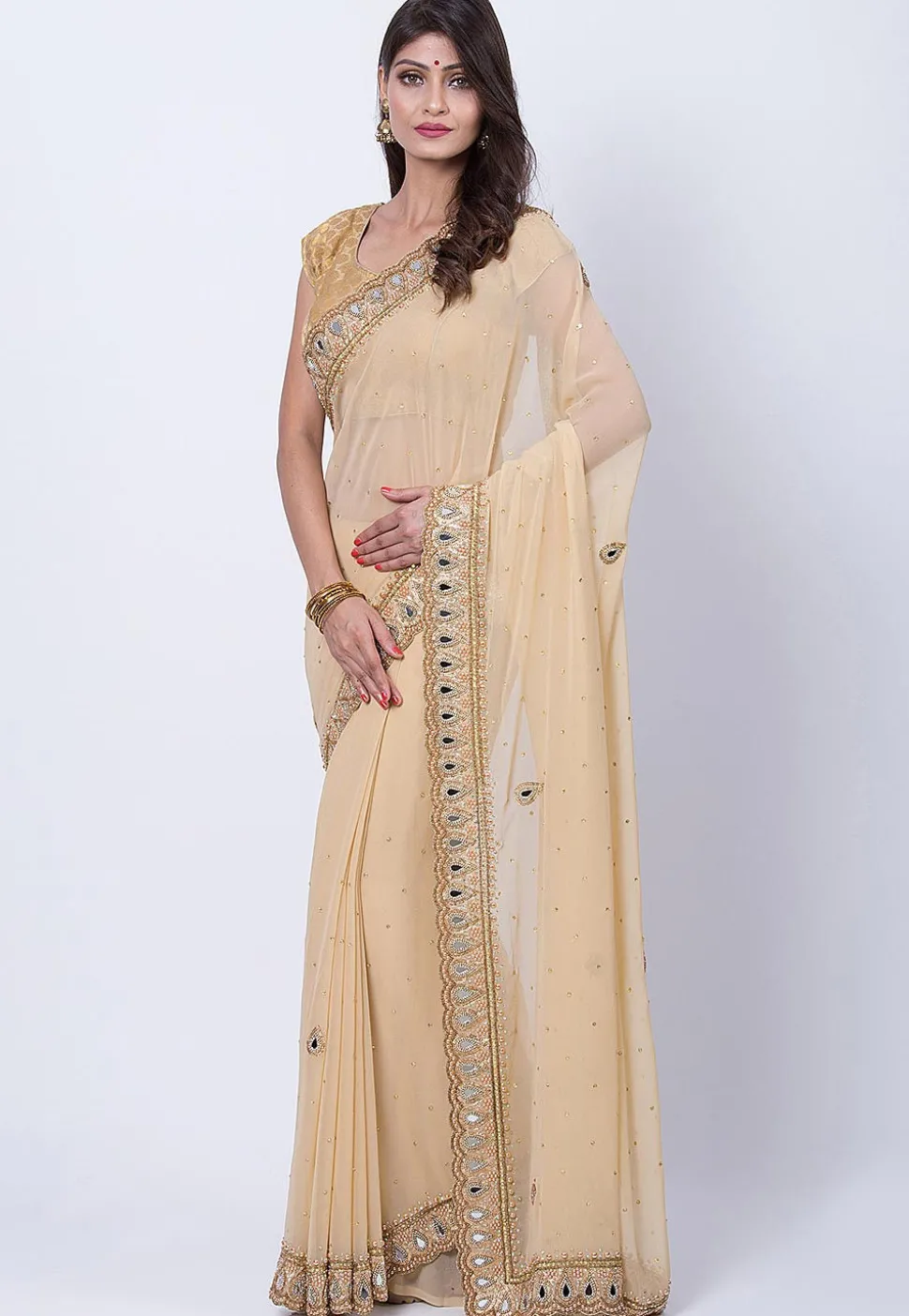 Embroidered Georgette Saree in Light Beige