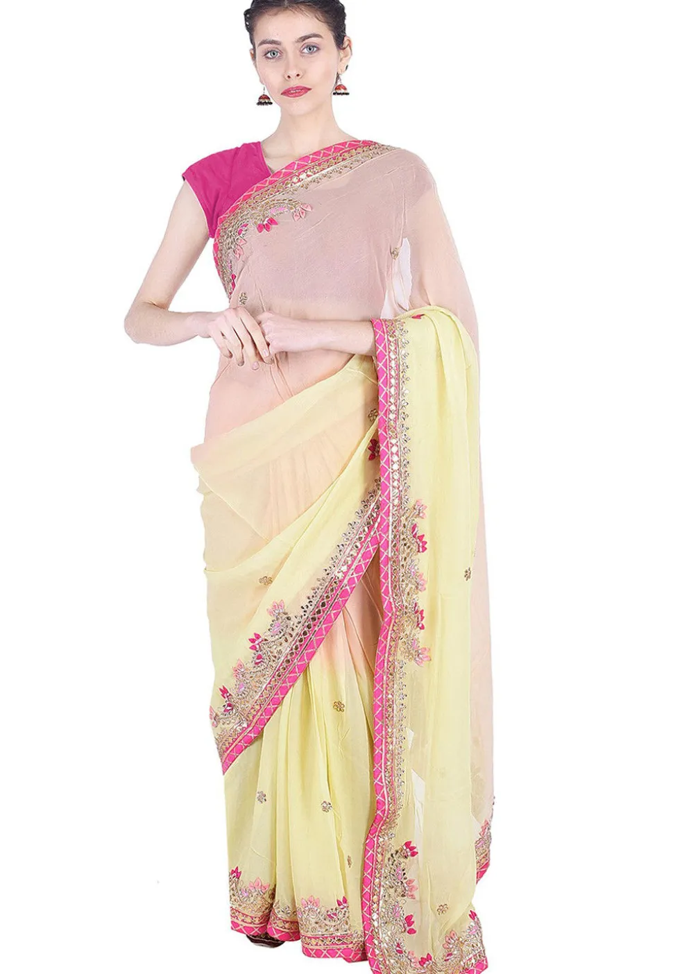 Embroidered Georgette Saree in Light Yellow