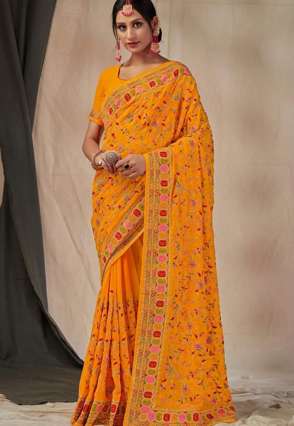 Embroidered Georgette Saree in Mustard