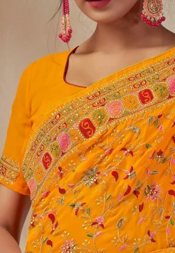 Embroidered Georgette Saree in Mustard