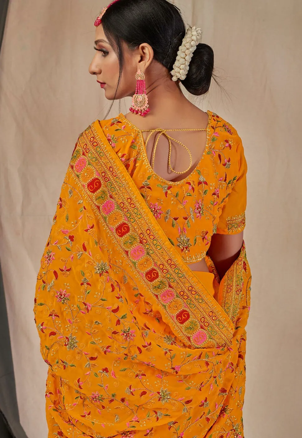 Embroidered Georgette Saree in Mustard