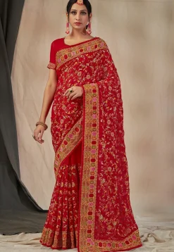 Embroidered Georgette Saree in Red