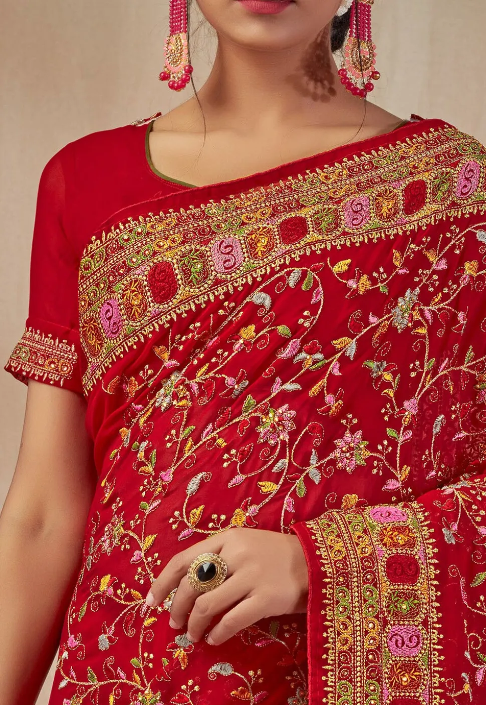 Embroidered Georgette Saree in Red