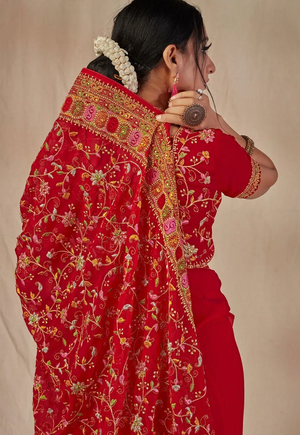 Embroidered Georgette Saree in Red