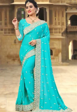 Embroidered Georgette Saree in Turquoise