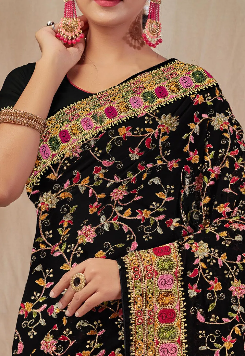 Embroidered Georgette Saree in Black