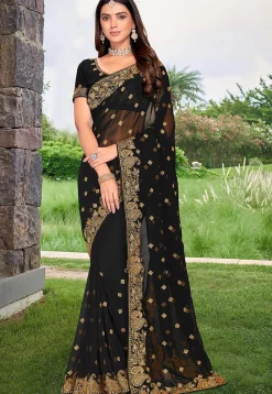 Embroidered Georgette Saree in Black