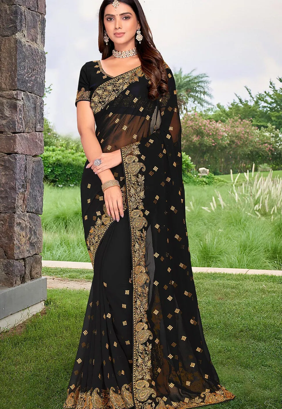 Embroidered Georgette Saree in Black