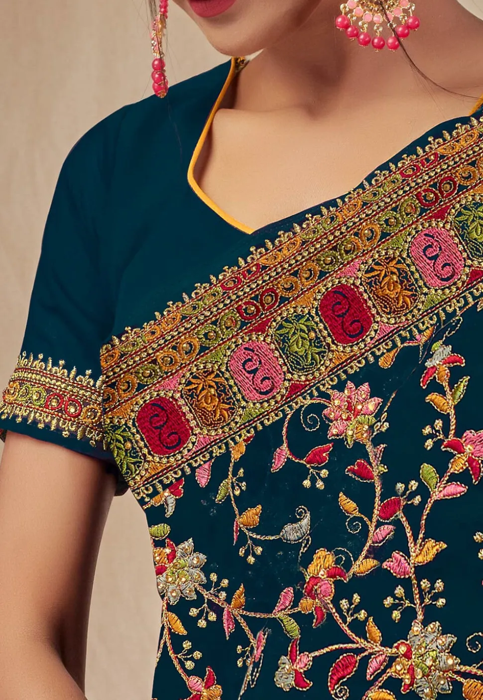Embroidered Georgette Saree in Teal Blue