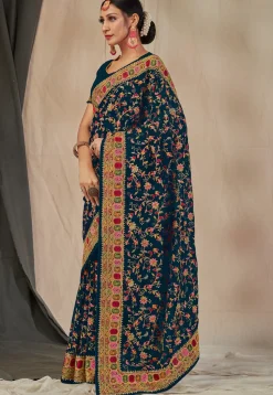 Embroidered Georgette Saree in Teal Blue