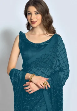 Embroidered Georgette Saree in Teal Blue