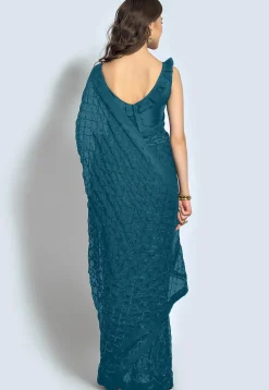 Embroidered Georgette Saree in Teal Blue