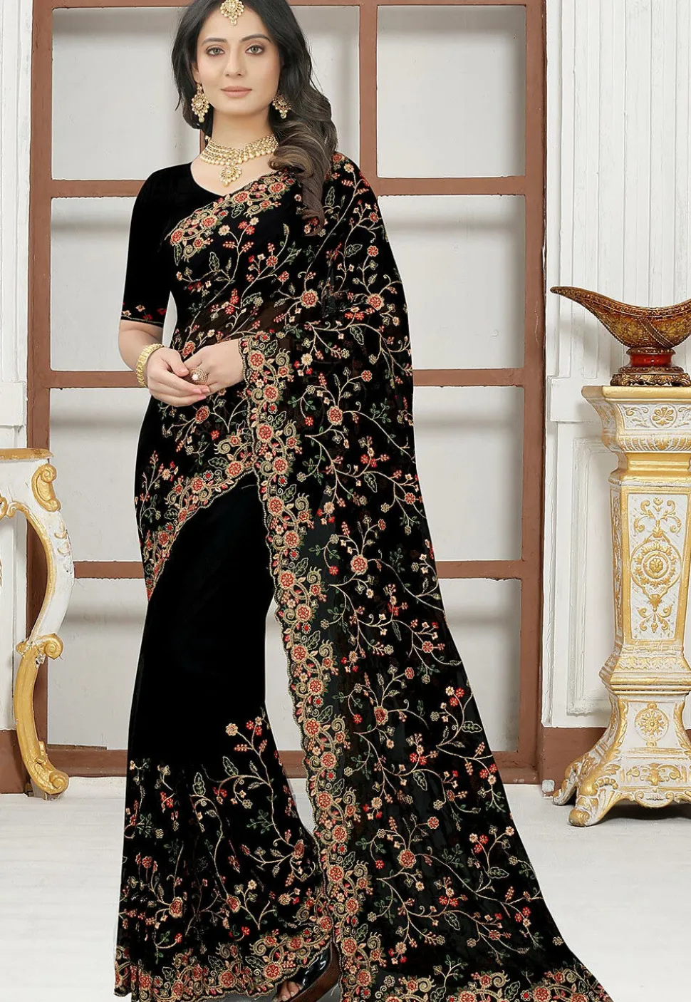 Embroidered Georgette Saree in Black