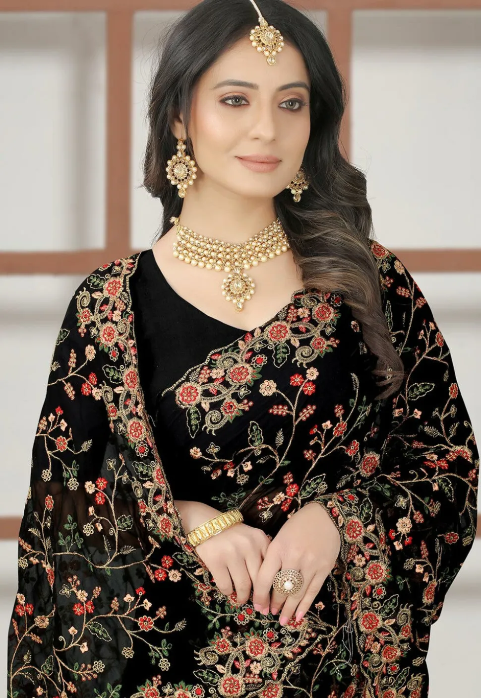 Embroidered Georgette Saree in Black