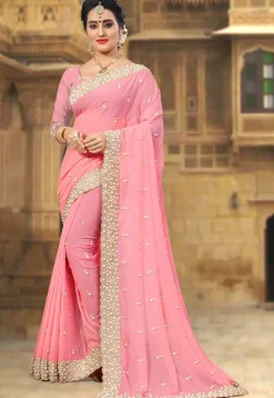 Embroidered Georgette Saree in Peach