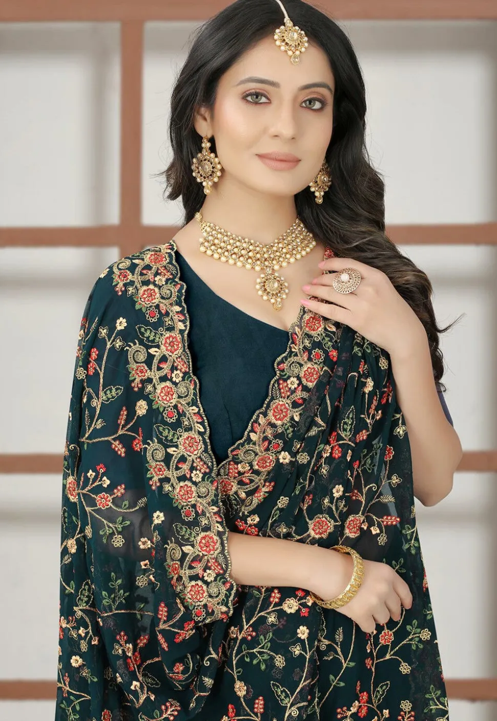 Embroidered Georgette Saree in Teal Blue