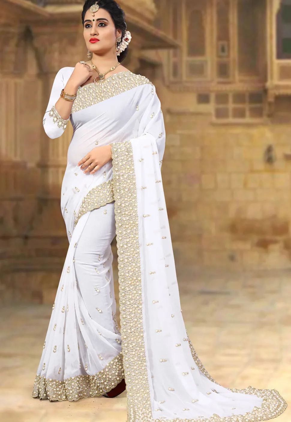 Embroidered Georgette Saree in Off White