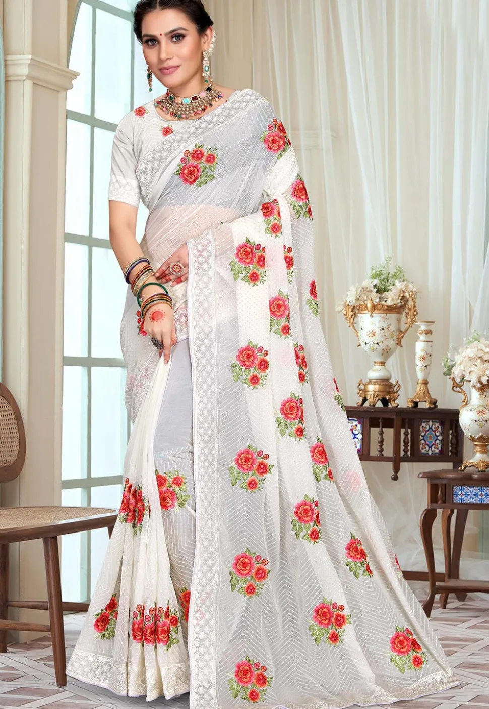 Embroidered Georgette Saree in Off White