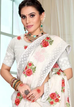 Embroidered Georgette Saree in Off White