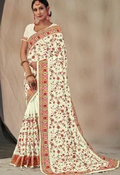 Embroidered Georgette Saree in Off White