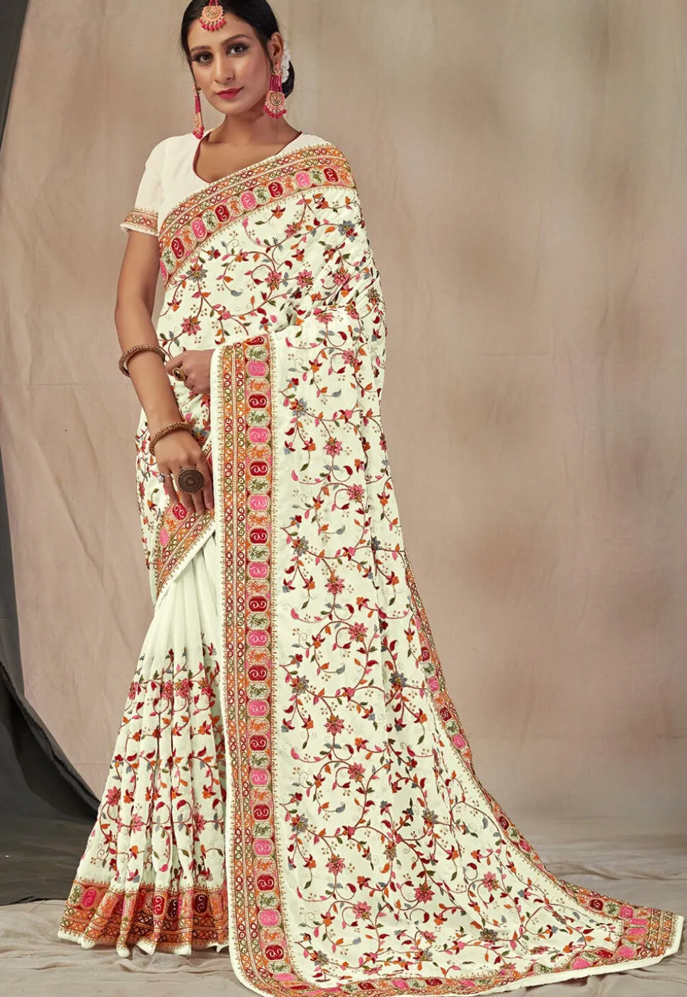 Embroidered Georgette Saree in Off White