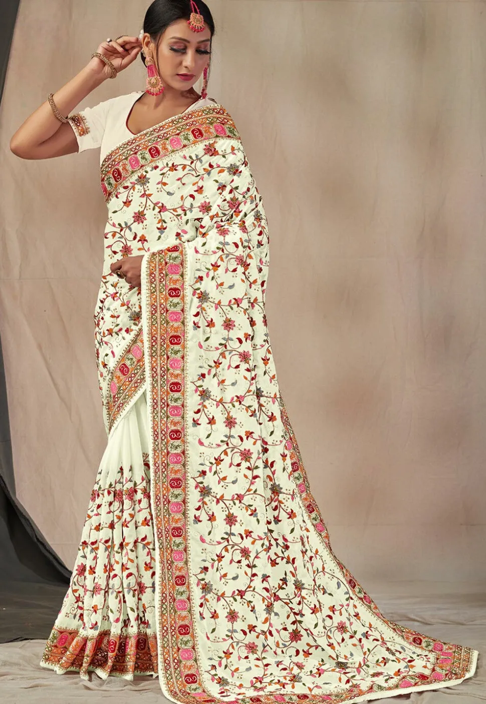 Embroidered Georgette Saree in Off White
