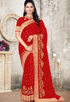 Embroidered Georgette Saree in Red