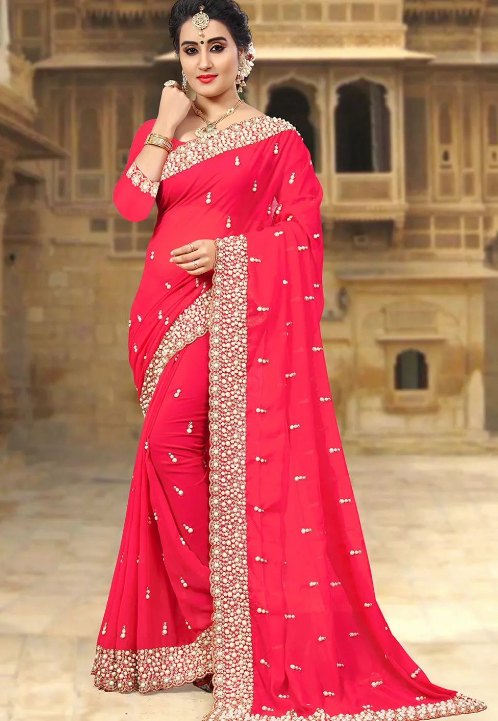 Embroidered Georgette Saree in Fuchsia