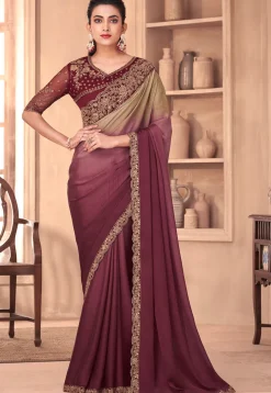 Embroidered Georgette Saree in Shade Purple and Beige