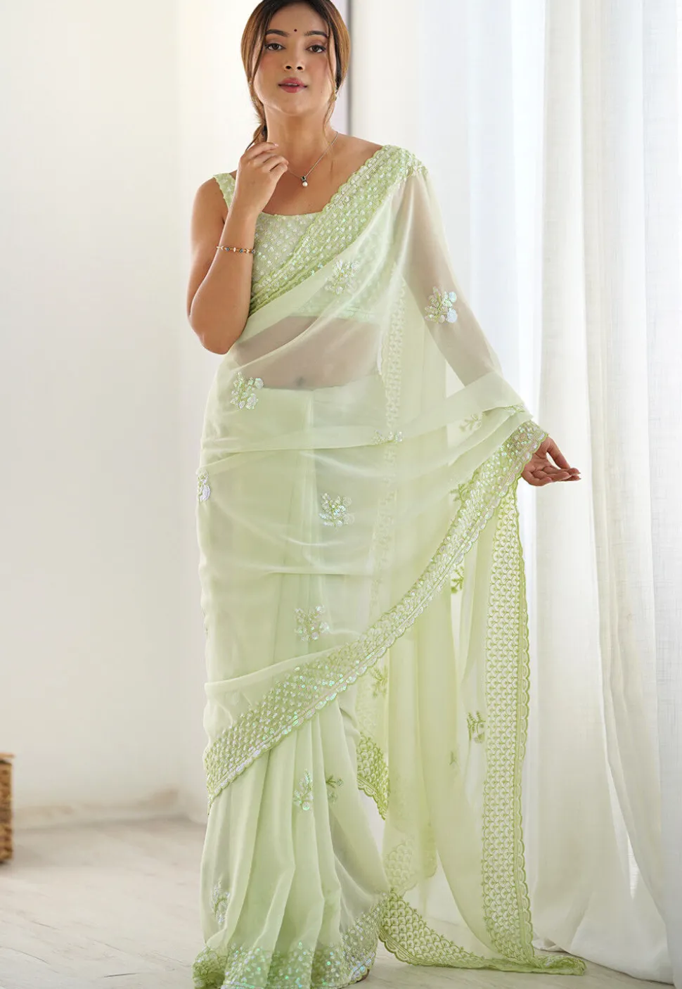Embroidered Georgette Scalloped Saree in Light Green