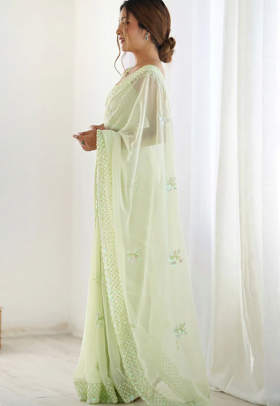 Embroidered Georgette Scalloped Saree in Light Green