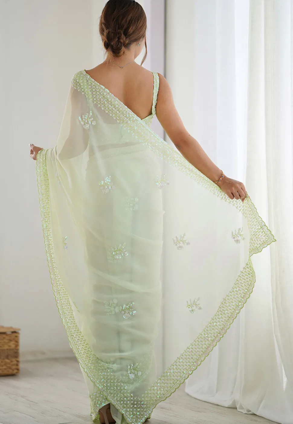 Embroidered Georgette Scalloped Saree in Light Green