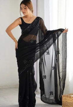 Embroidered Georgette Scalloped Saree in Black