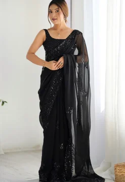 Embroidered Georgette Scalloped Saree in Black
